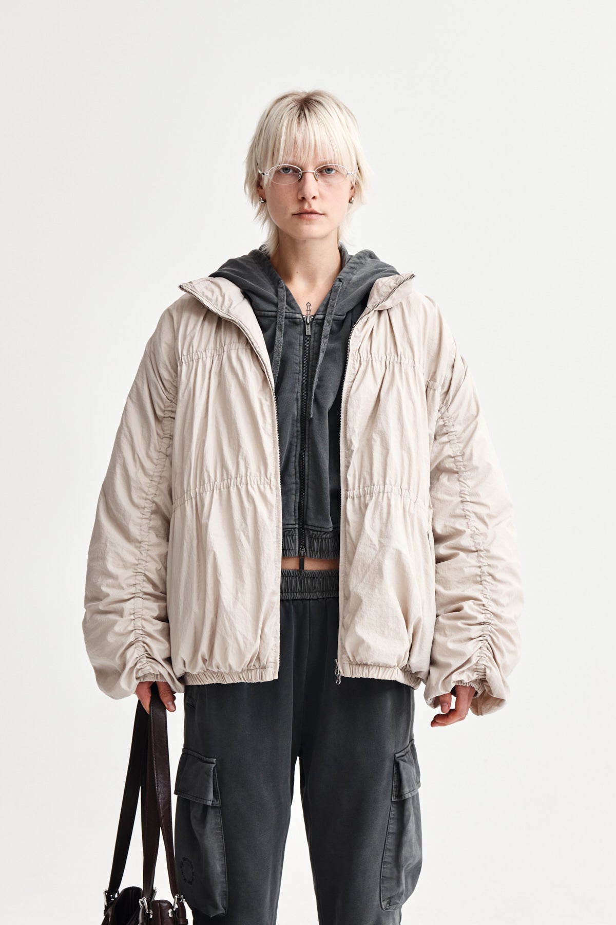 matinkim HIGH NECK SHIRRING DOWN JUMPER IN LIGHT BEIGE
