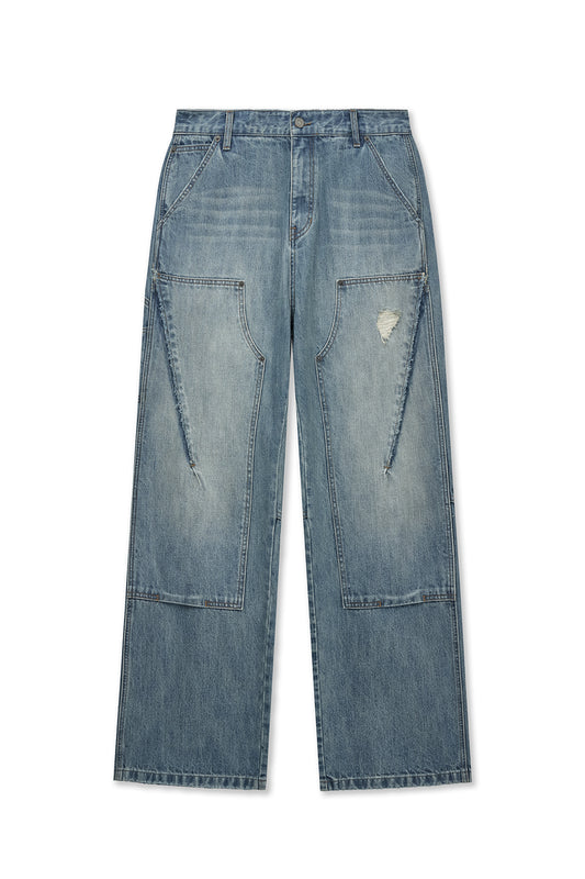 matinkim VINTAGE WASHED DOUBLE KNEE DENIM PANTS FOR MEN IN BLUE
