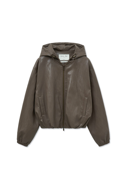 matinkim FAUX LEATHER HOODY CROP JUMPER IN BROWN