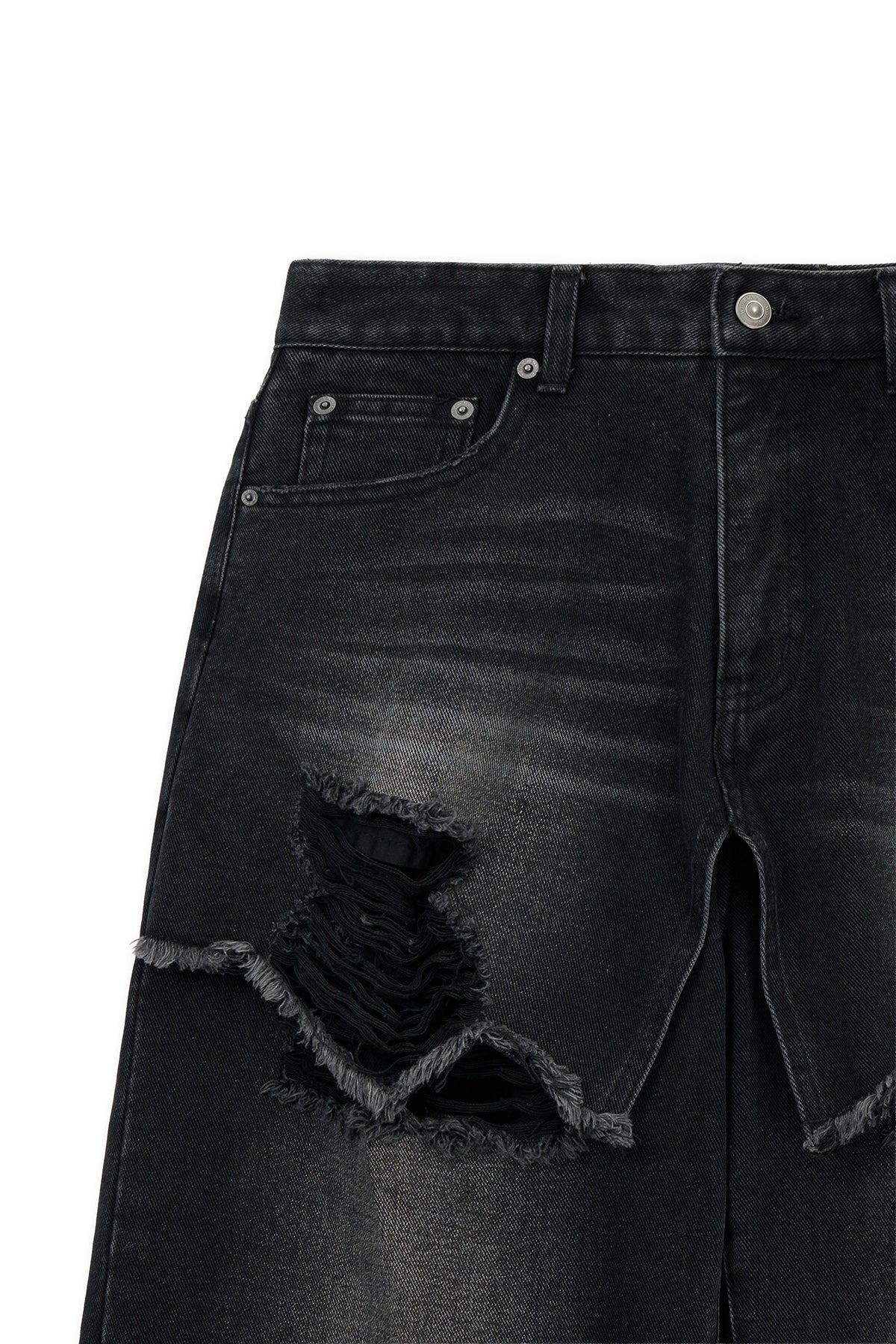 matinkim FRONT LAYERED DISTRESSED DENIM PANTS IN BLACK