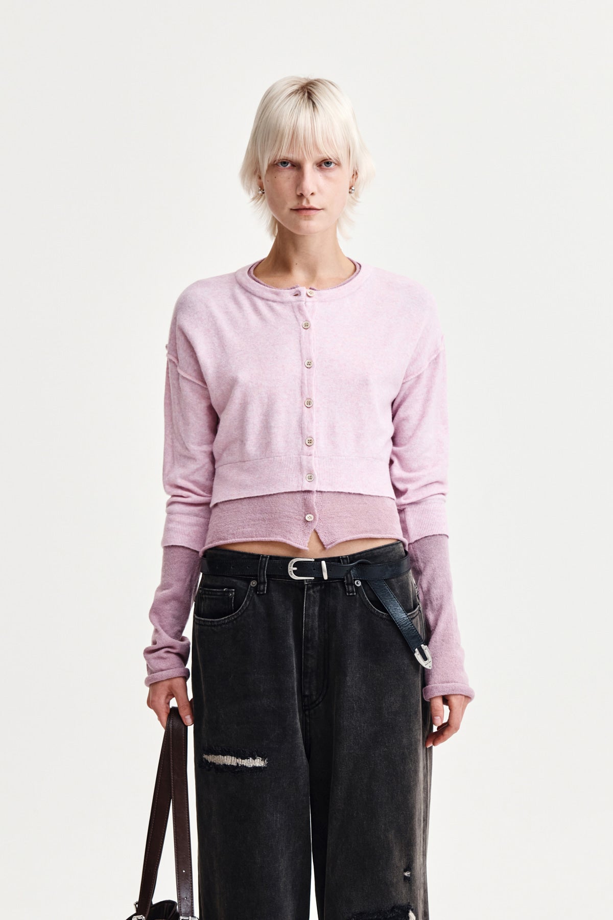 matinkim LAYERED TEXTURE KNIT CARDIGAN IN LILAC