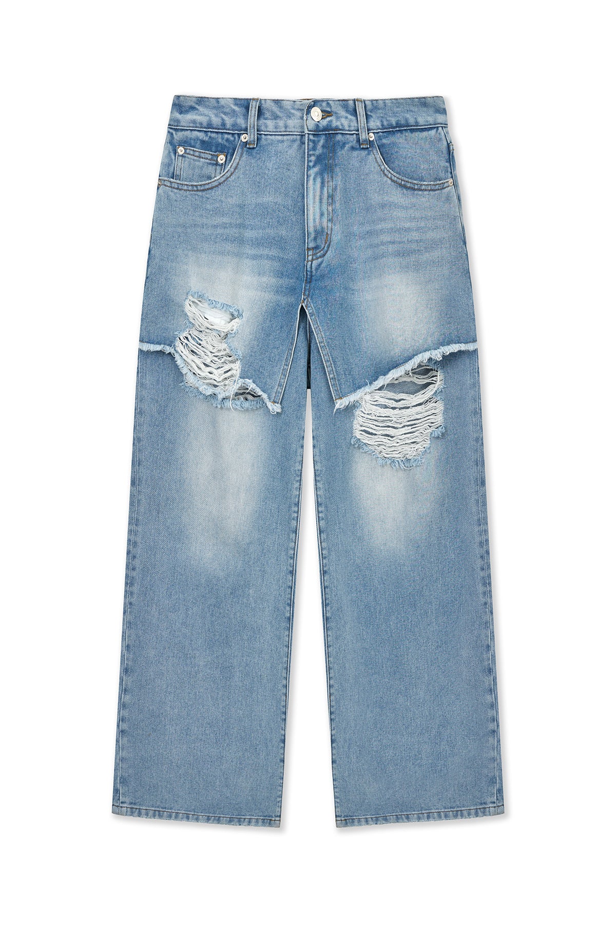 matinkim FRONT LAYERED DISTRESSED DENIM PANTS IN BLUE