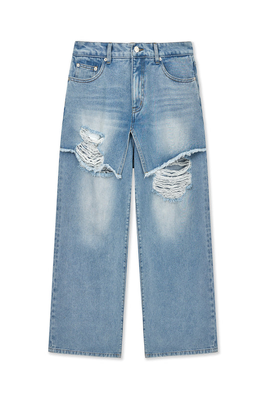 matinkim FRONT LAYERED DISTRESSED DENIM PANTS IN BLUE