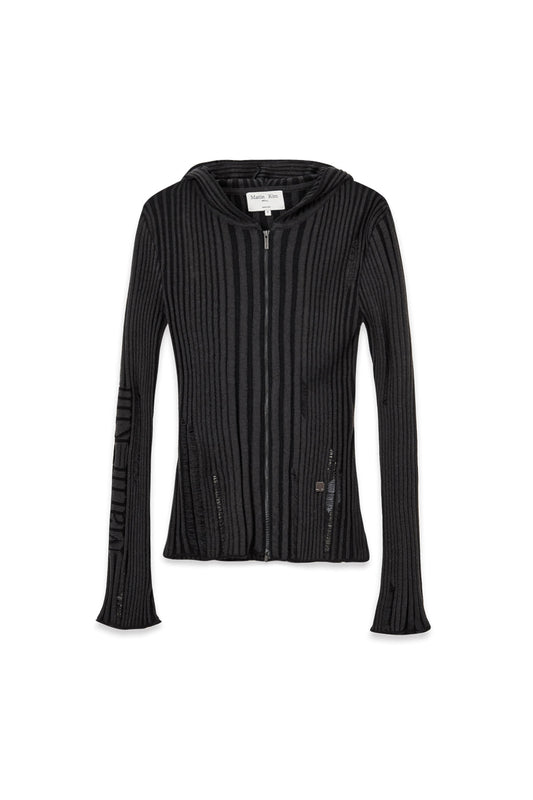 matinkim LOGO POINT DAMAGE SLIM HOODY CARDIGAN IN CHARCOAL