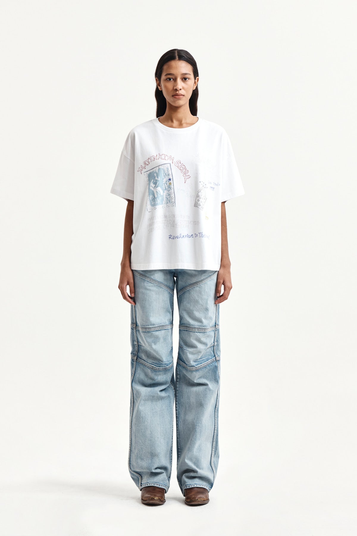 matinkim PANEL SEMI WIDE DENIM PANTS IN LIGHT BLUE