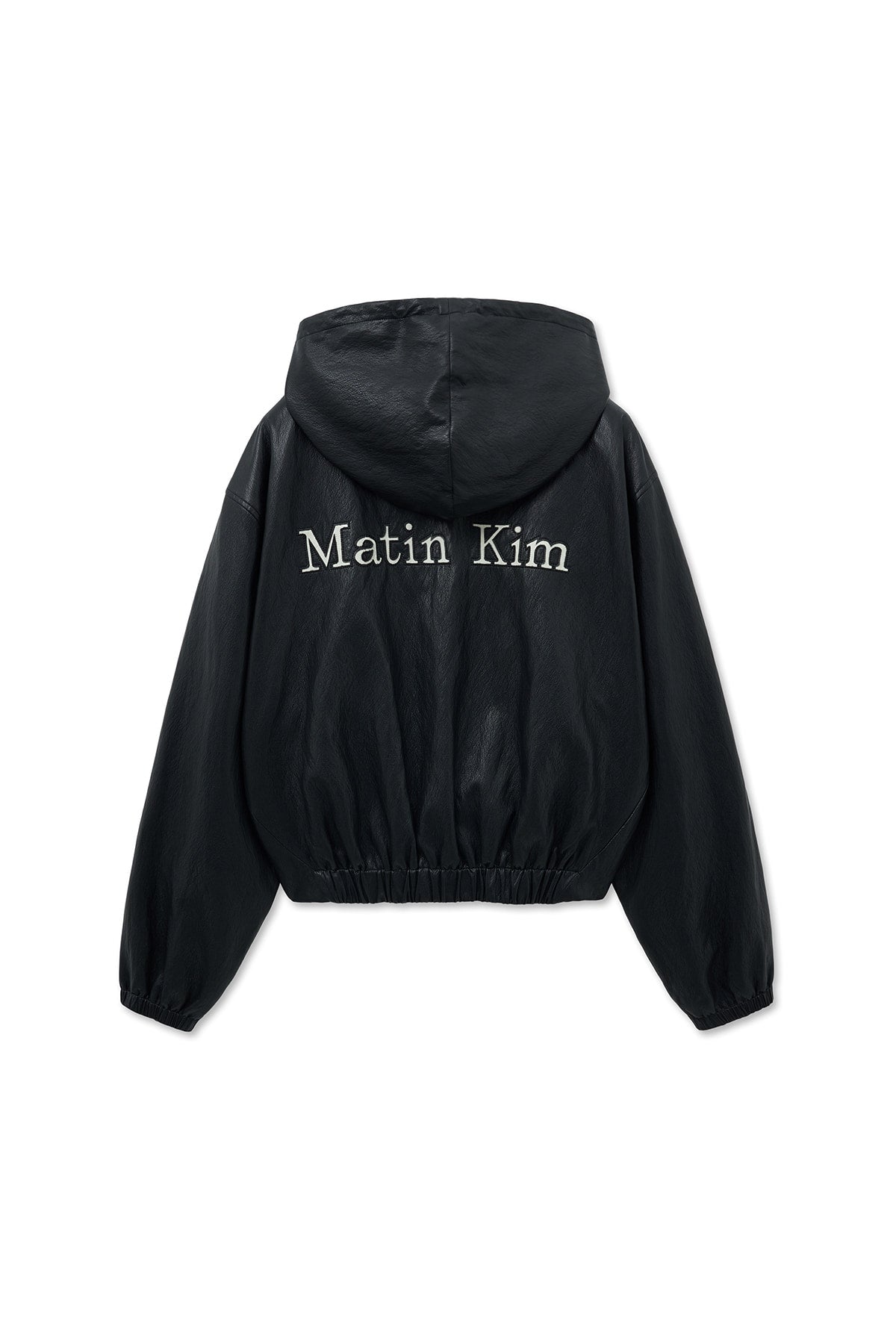 matinkim FAUX LEATHER HOODY CROP JUMPER IN BLACK