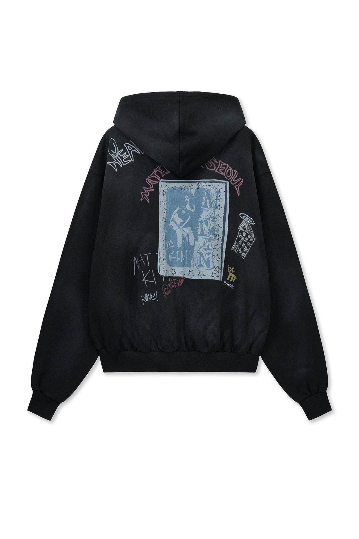 matinkim VINTAGE WASHED GRAFFITI HOODY ZIP UP IN BLACK