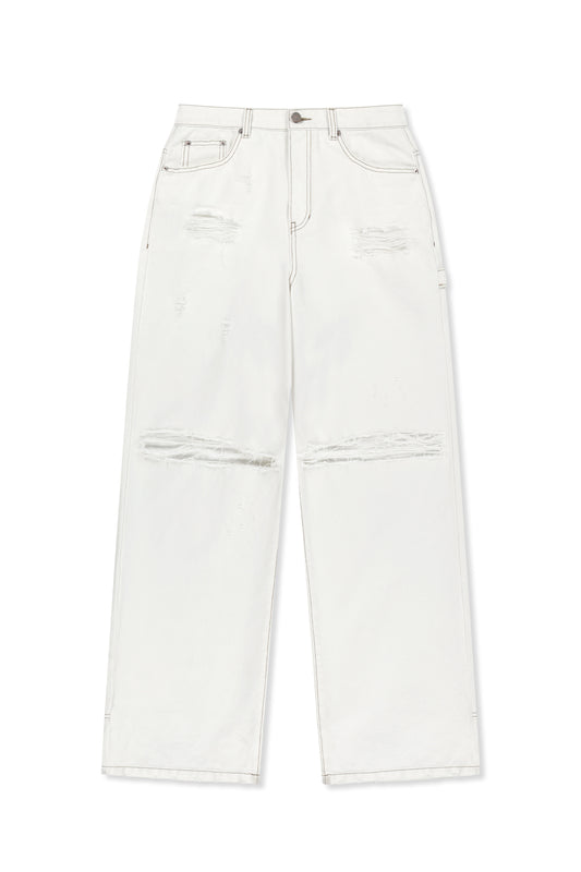 matinkim DESTROYED COLOR DYEING DENIM PANTS IN WHITE