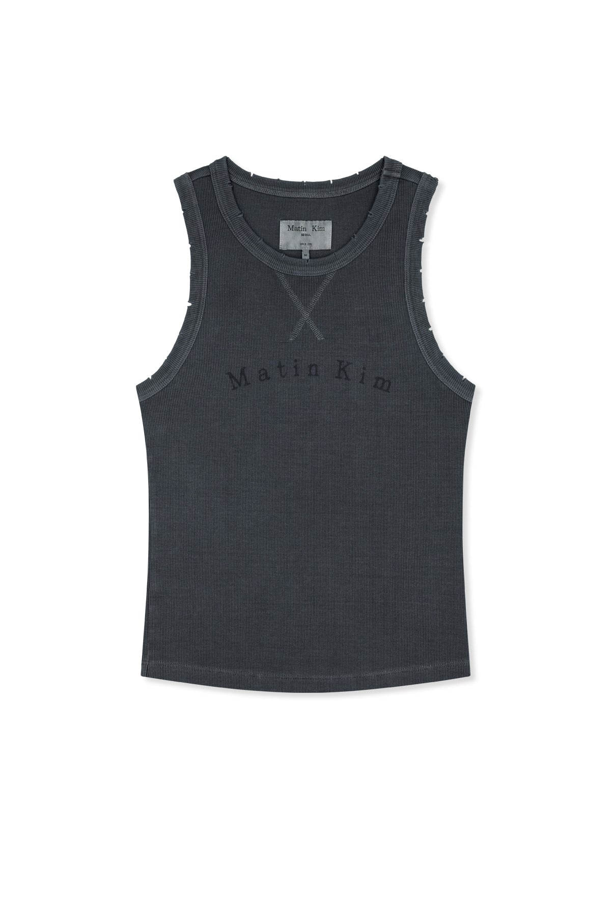 matinkim DISTRESSED SLEEVELESS LOGO TOP IN CHARCOAL