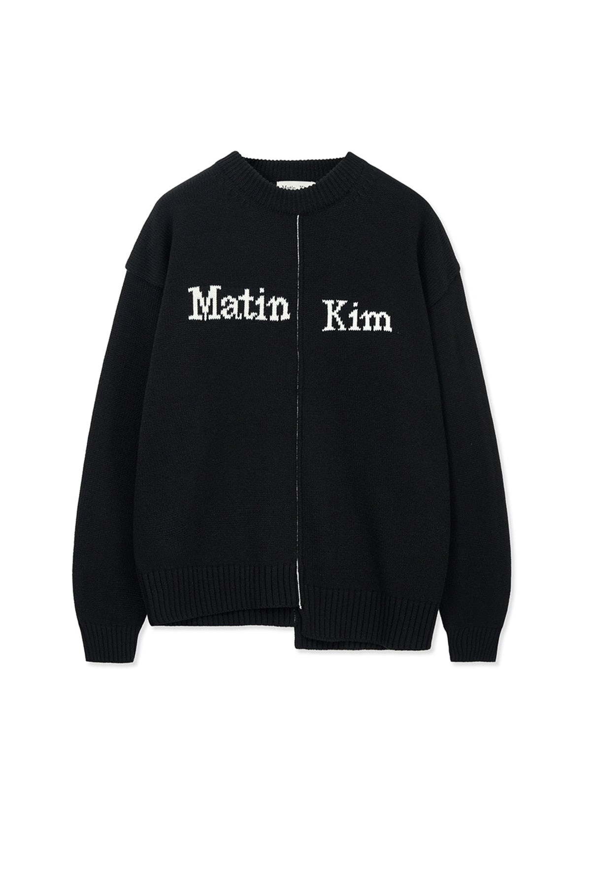 matinkim ASYMMETRIC LOGO KNIT PULLOVER IN BLACK
