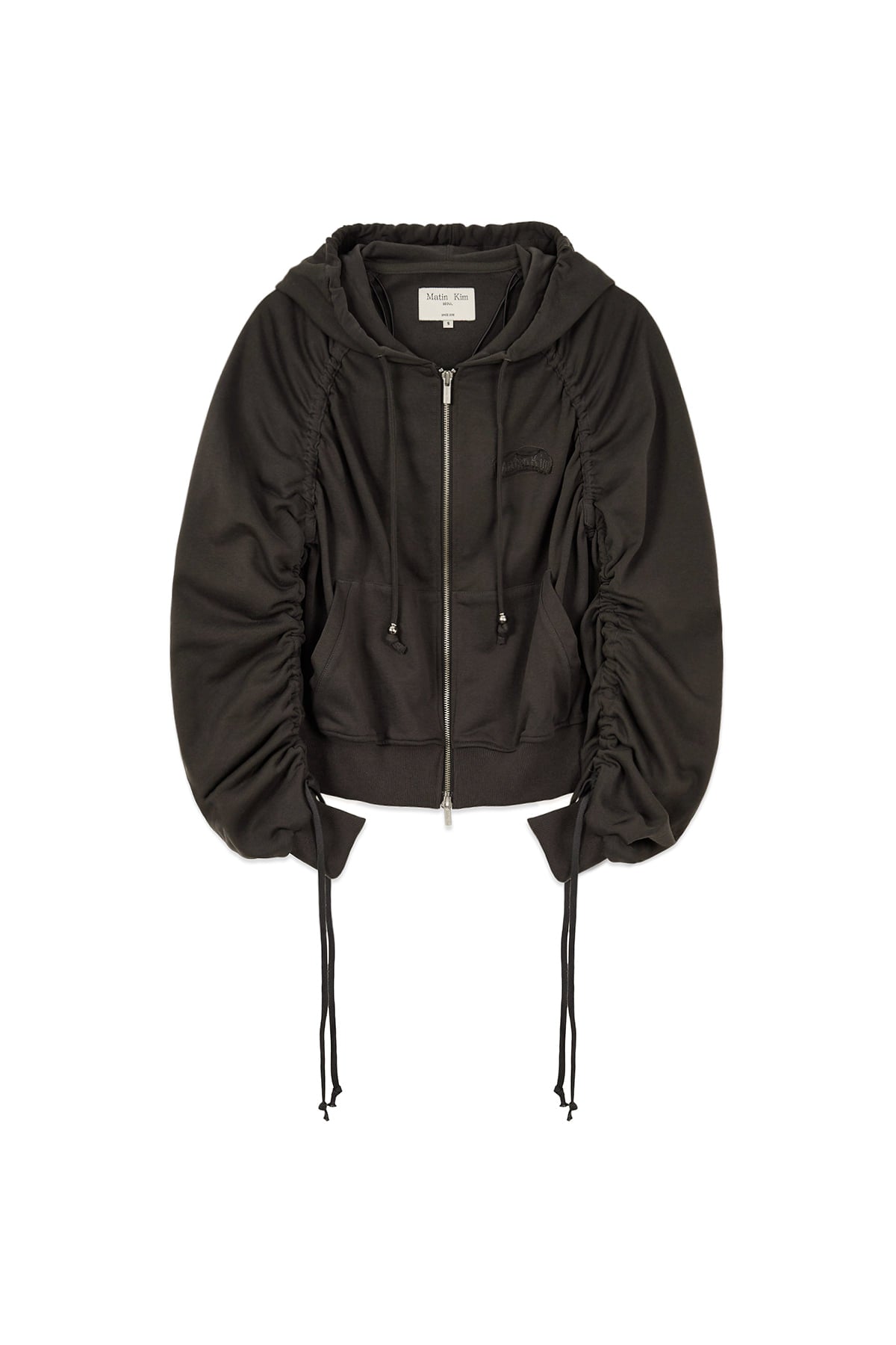 matinkim SLEEVE STRING DETAIL HOODY ZIP UP IN CHARCOAL