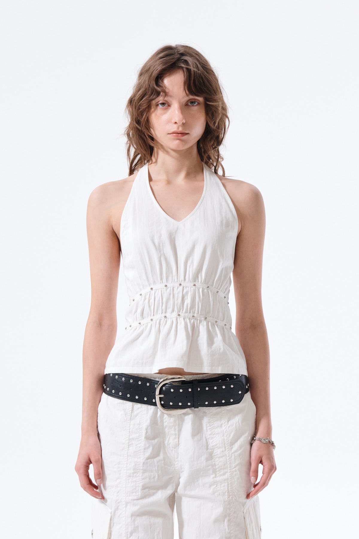 matinkim HALTER NECK SHIRRING BLOUSE IN WHITE