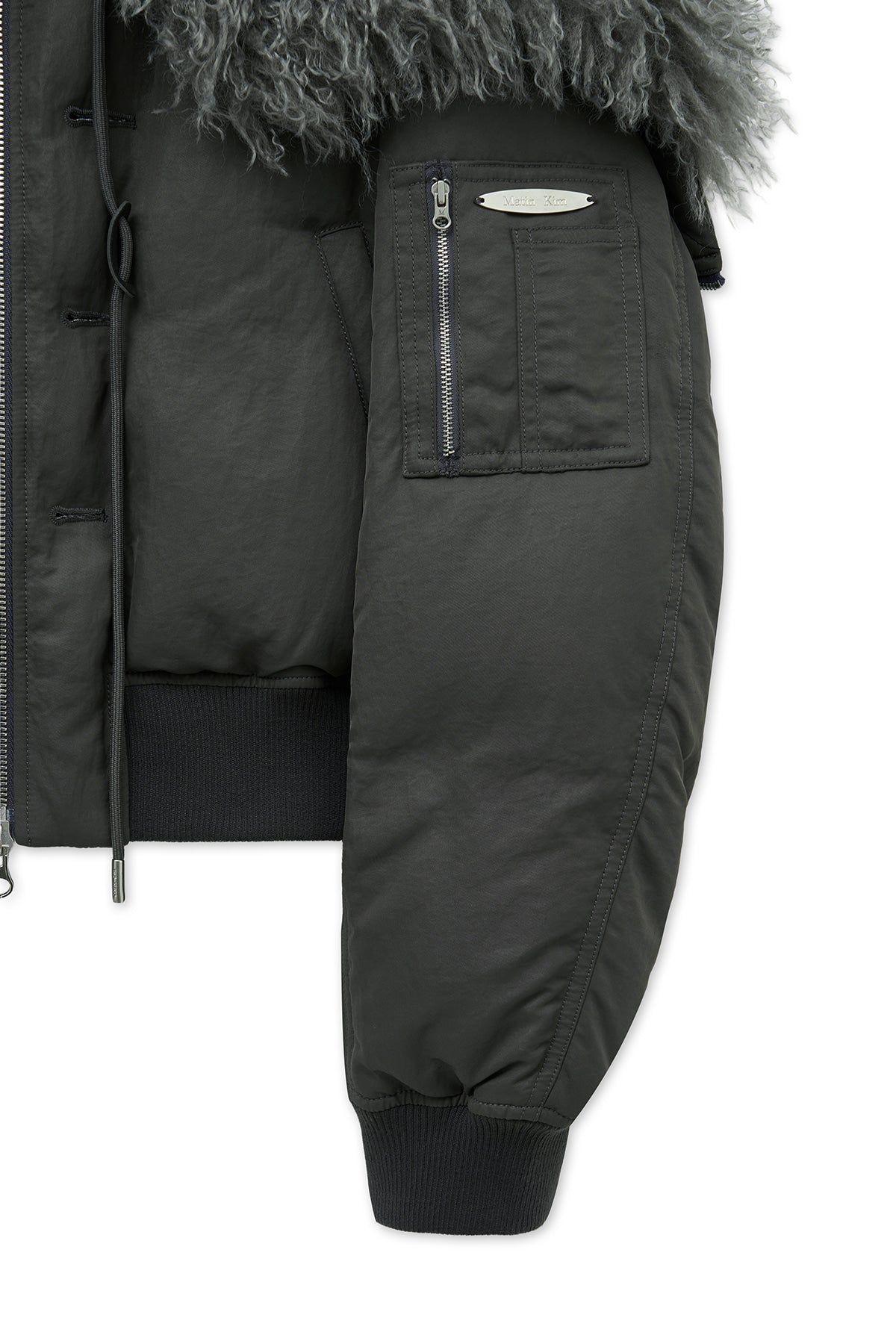 matinkim FUR HOODY BOMBER DOWN JUMPER IN DARK GREY