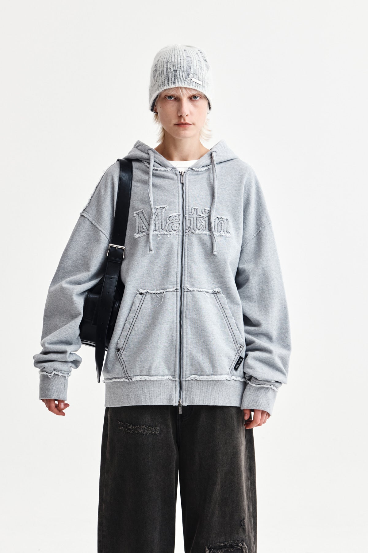 matinkim RAW CUT APPLIQUE HOODY ZIP UP IN GREY