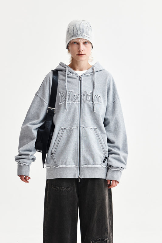 matinkim RAW CUT APPLIQUE HOODY ZIP UP IN GREY