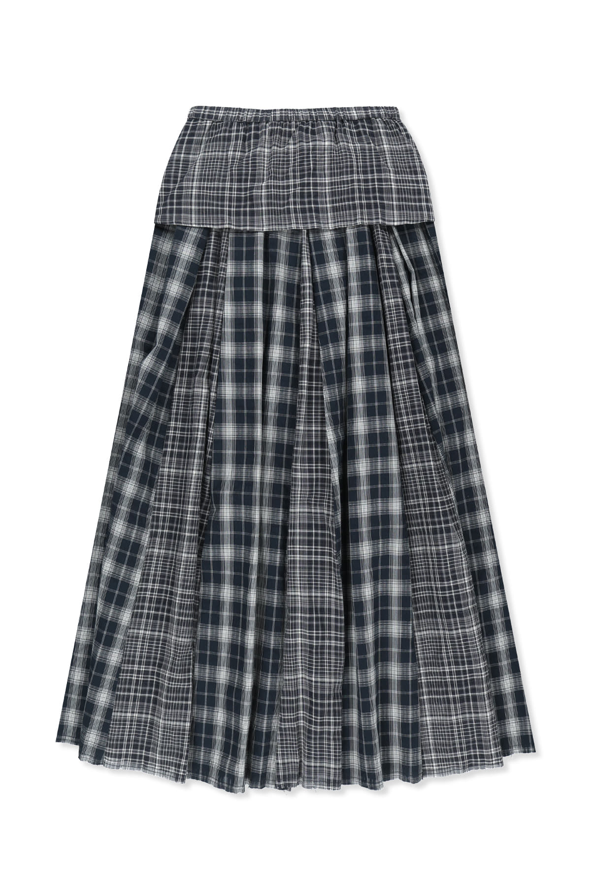 matinkim MIXED CHECK SLEEVE TIE FLARE SKIRT IN NAVY