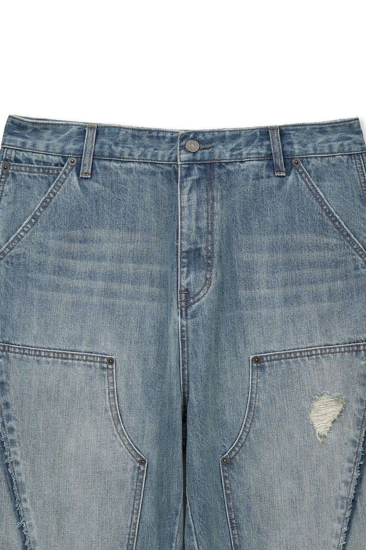 matinkim VINTAGE WASHED DOUBLE KNEE DENIM PANTS FOR MEN IN BLUE