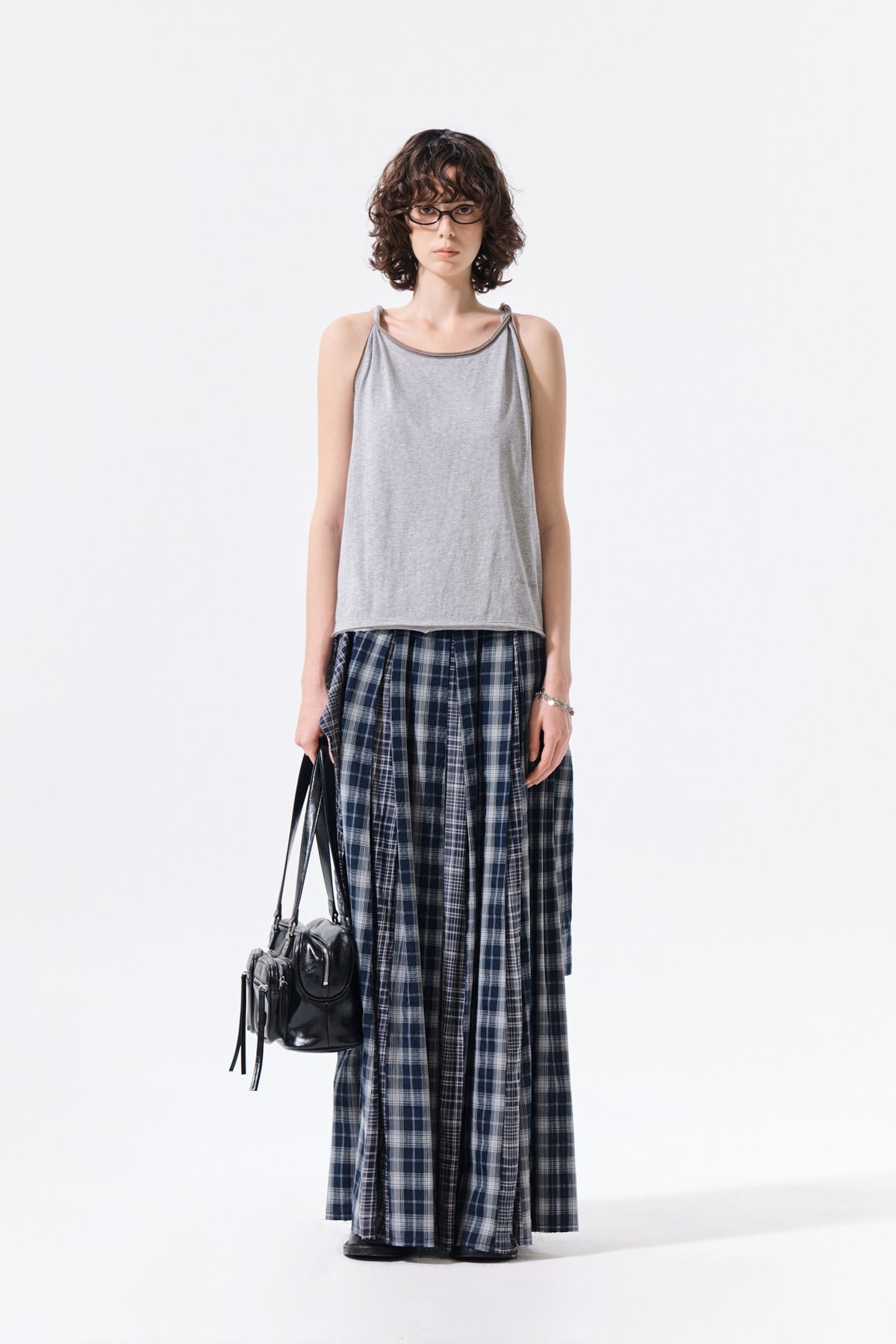 matinkim MIXED CHECK SLEEVE TIE FLARE SKIRT IN NAVY