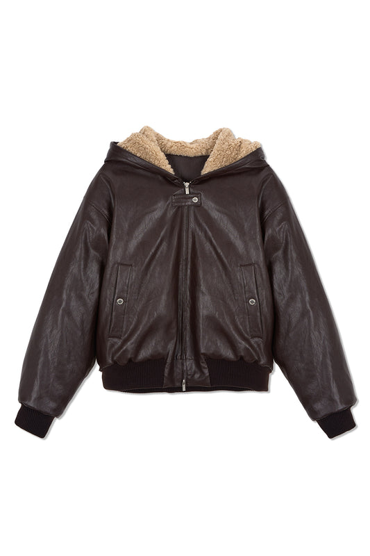 matinkim FAUX LEATHER ZIP UP HOODY IN BROWN