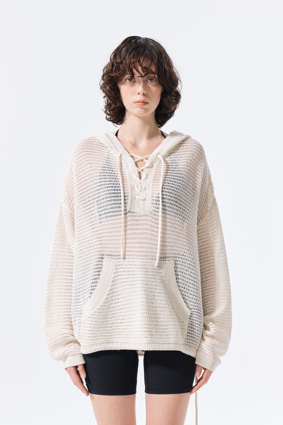 matinkim OVERSIZED MESH KNIT HOODIE IN CREAM
