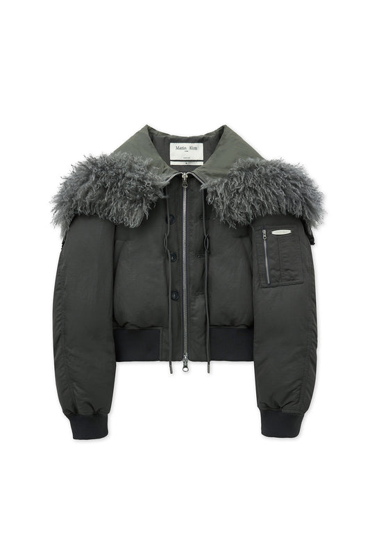 matinkim FUR HOODY BOMBER DOWN JUMPER IN DARK GREY