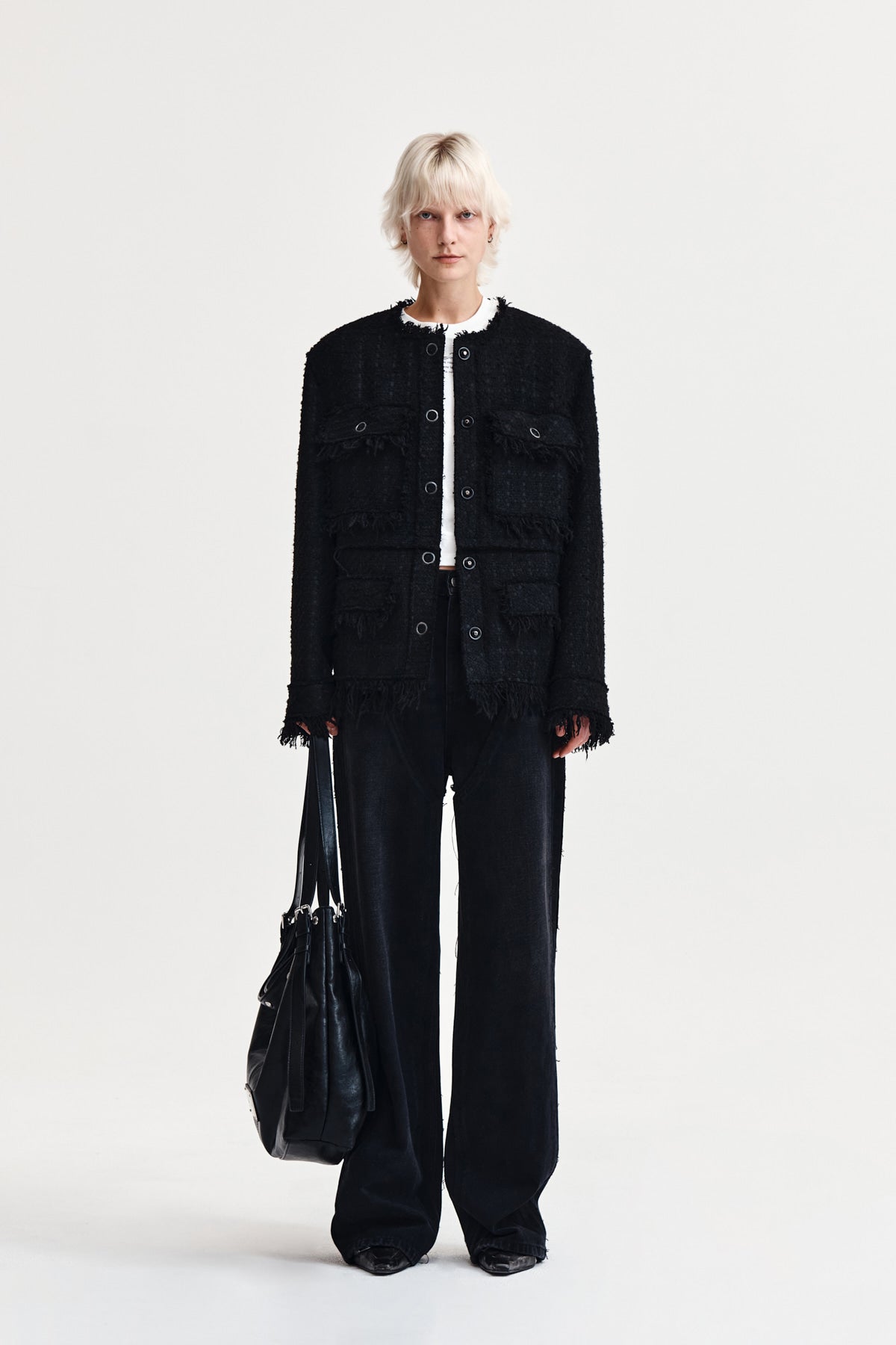 matinkim TWO WAY COLLARLESS TWEED JACKET IN BLACK
