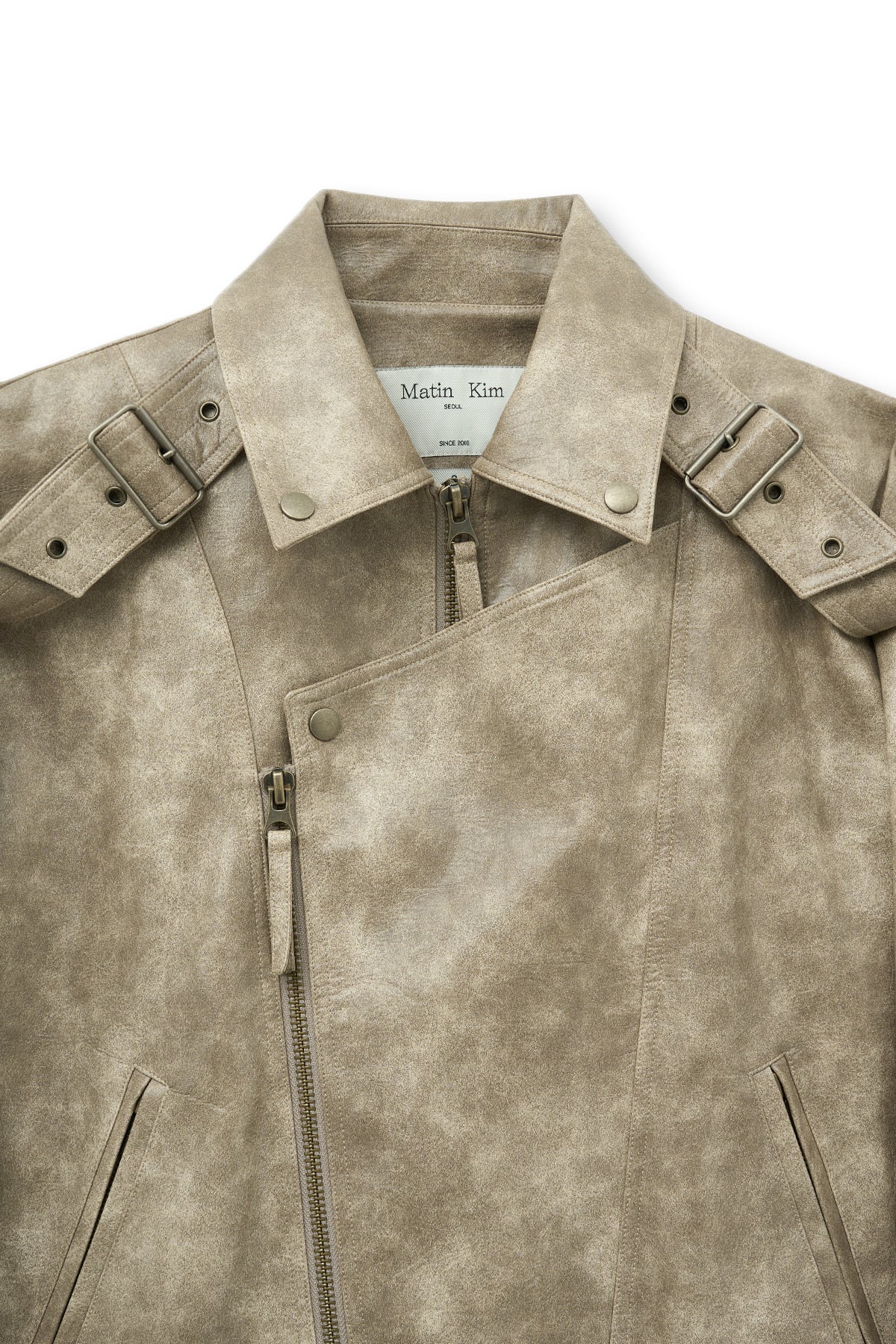 matinkim FAUX LEATHER BELTED RIDER JUMPER IN BEIGE