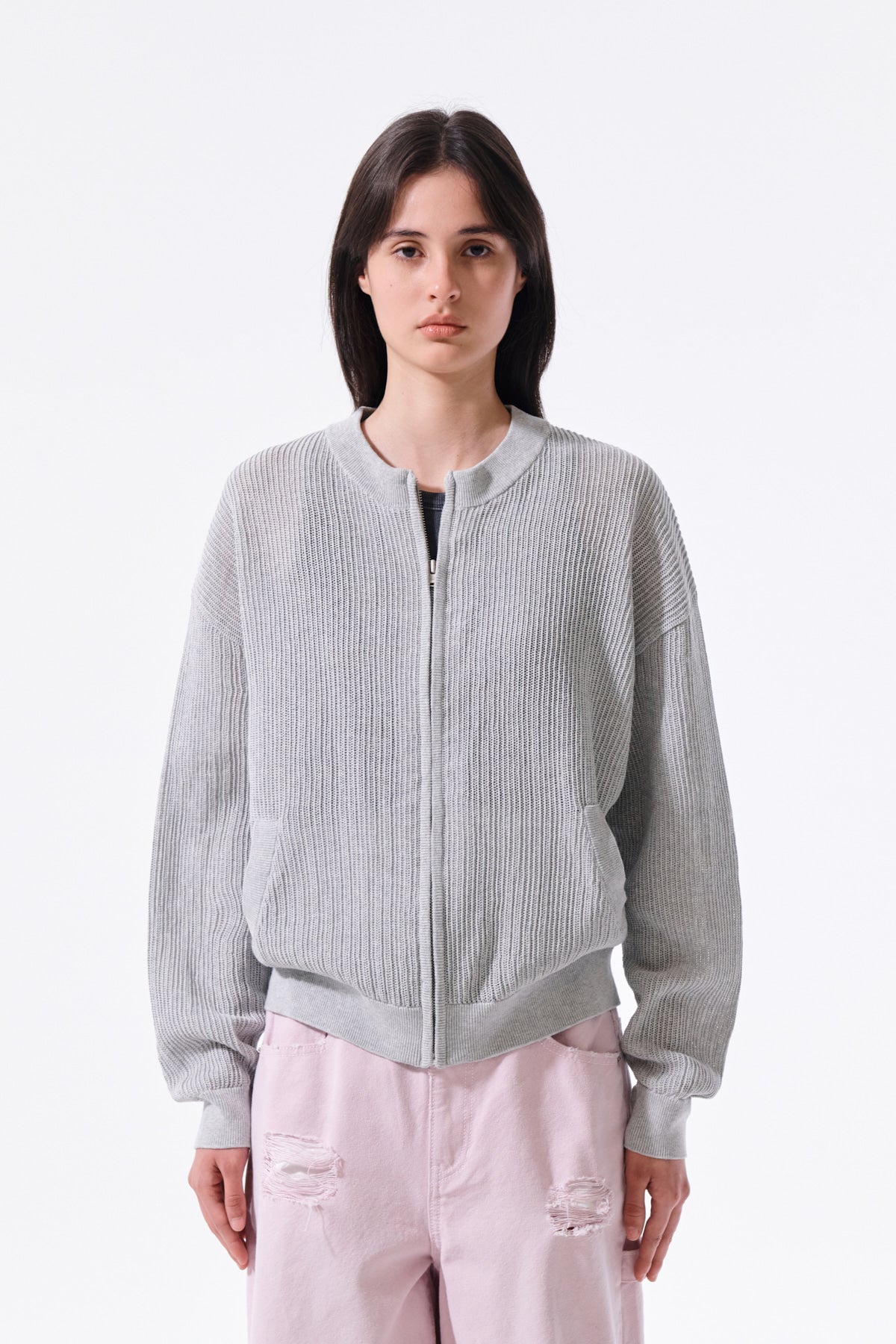 matinkim BACK LOGO JACQUARD MESH KNIT ZIP UP IN LIGHT GREY