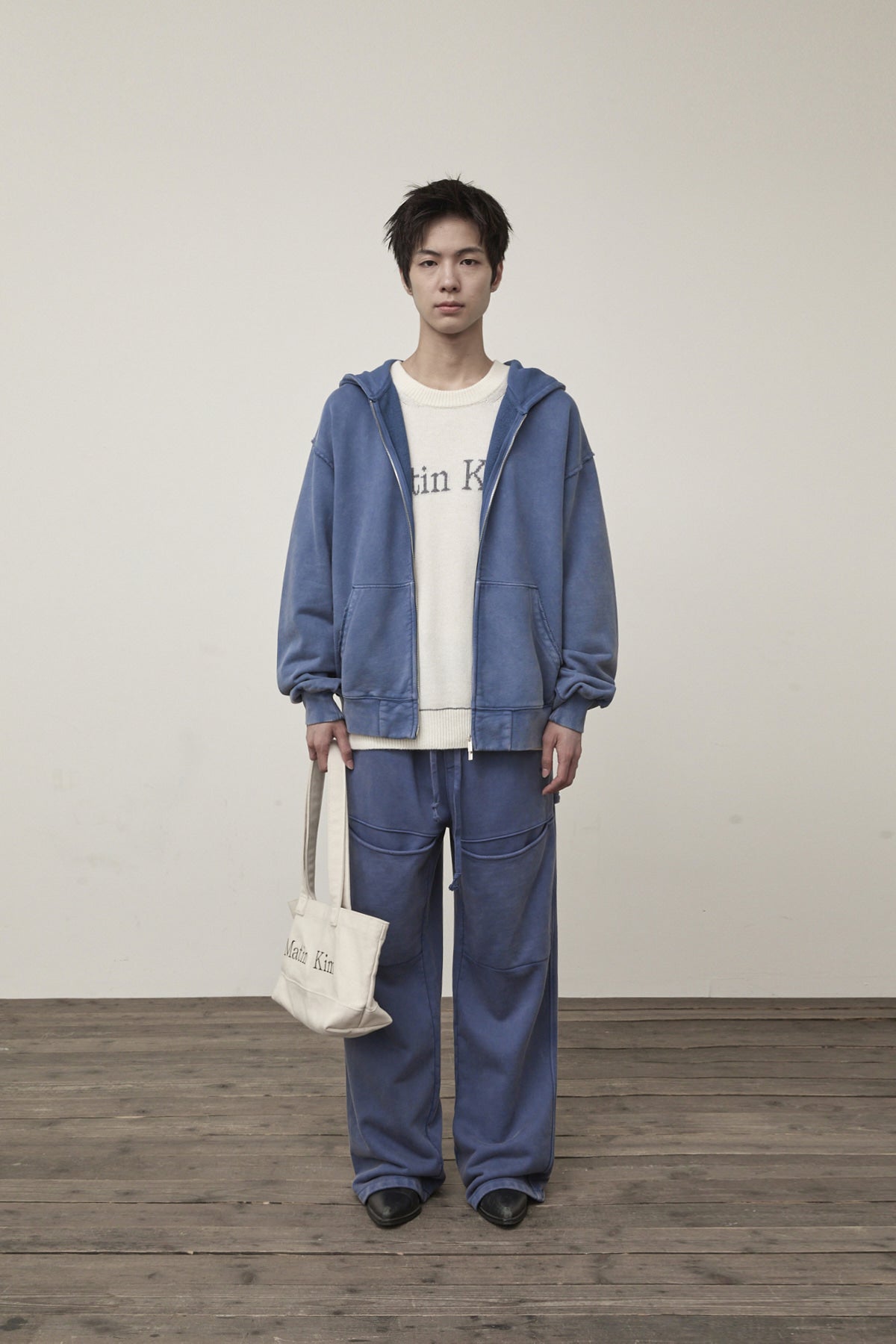 matinkim BACK LOGO WASHED HOODY ZIP UP FOR MEN IN BLUE