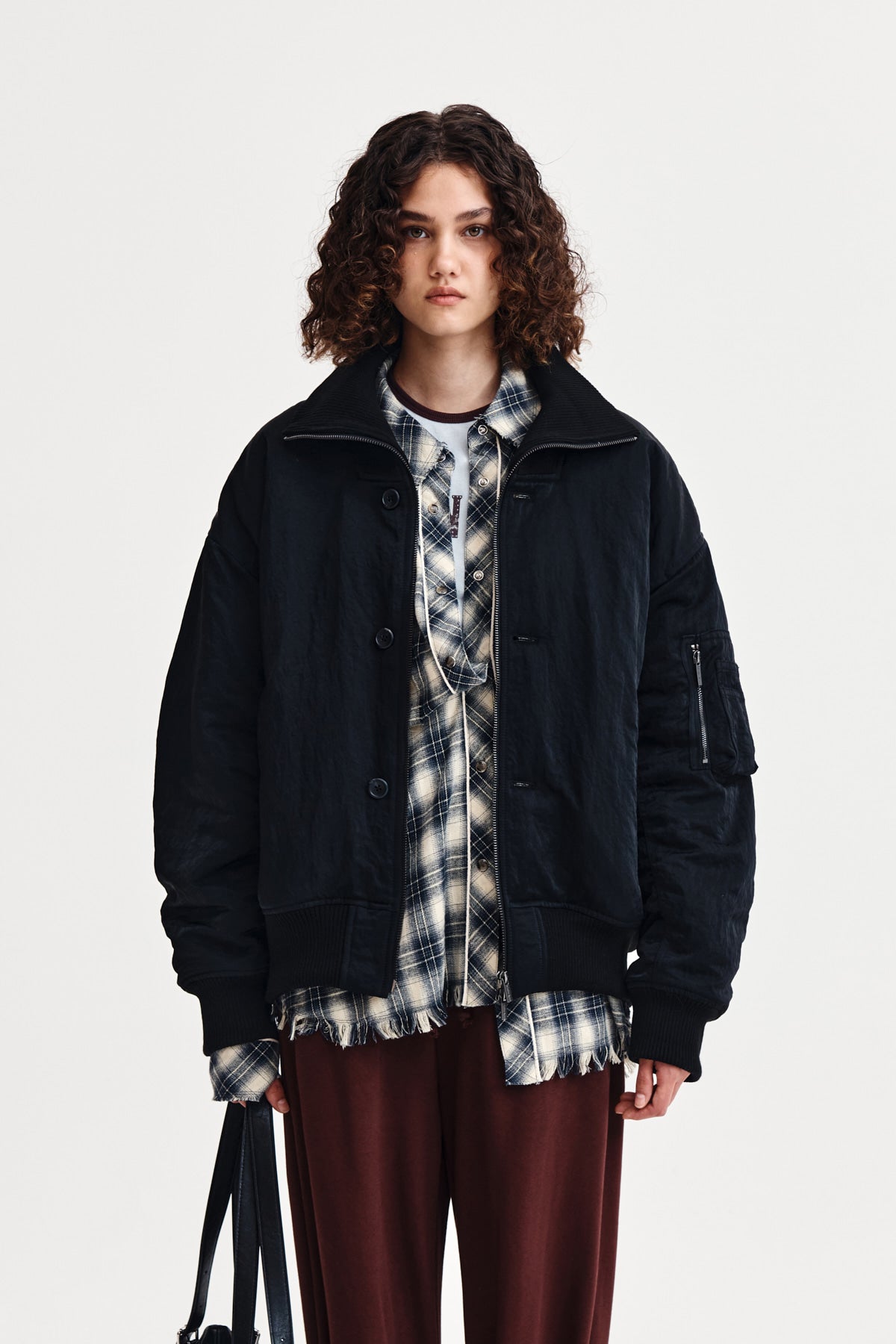 matinkim HIGH NECK BUTTON POINT ZIP UP JUMPER IN BLACK