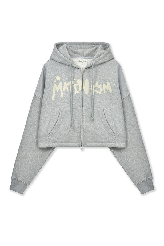 matinkim GRAFFITI LOGO CROP HOODY ZIP UP IN GREY