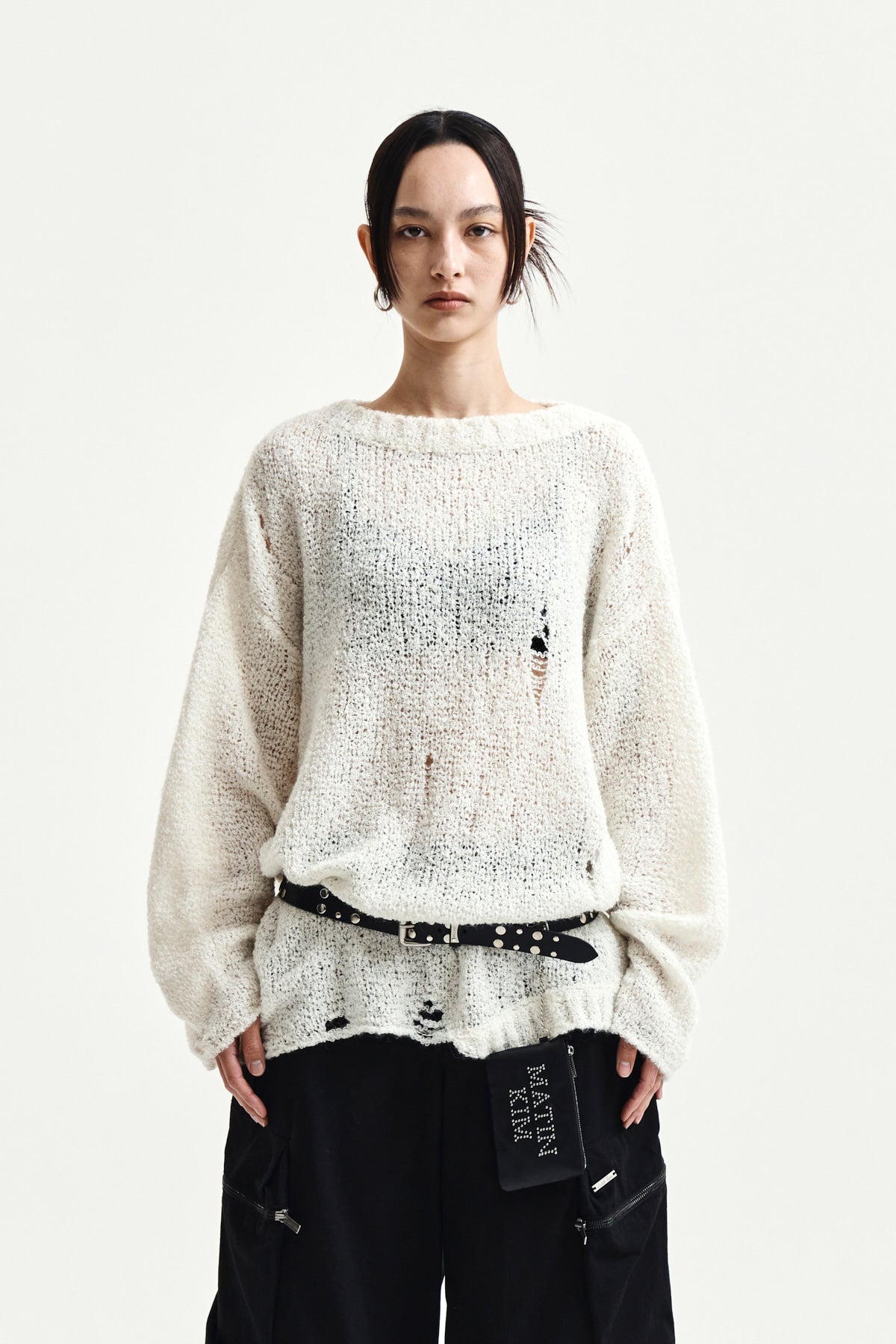 matinkim ASYMMETRIC DAMAGED KNIT PULLOVER IN IVORY