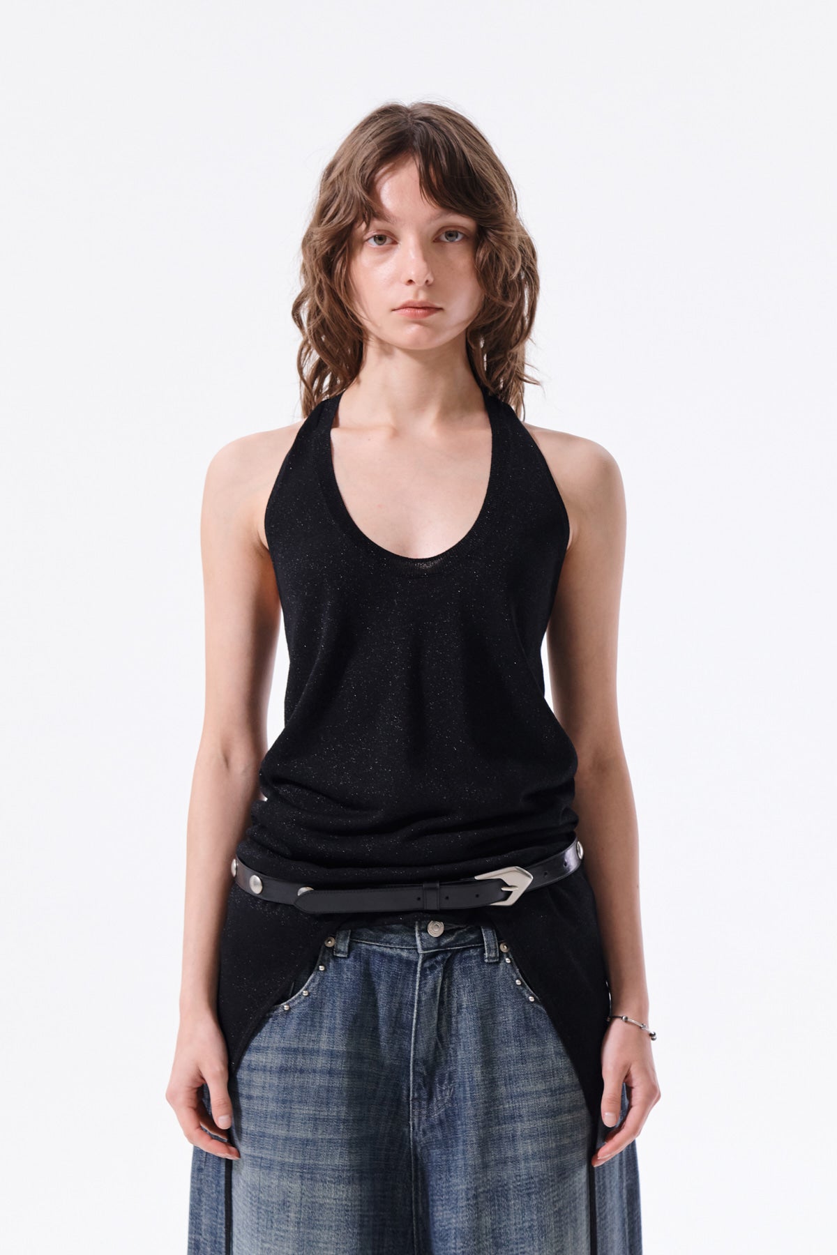 matinkim LAYERED TIE HALTER NECK KNIT TOP IN BLACK