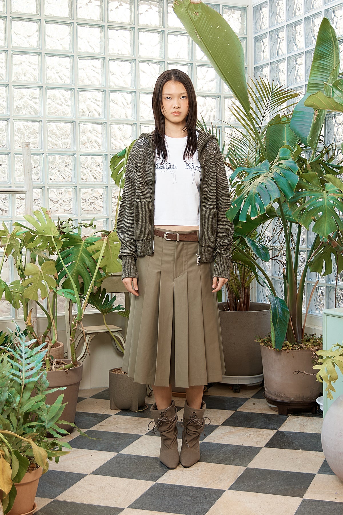matinkim TWO TONE MESH KNIT HOODY ZIP UP IN KHAKI