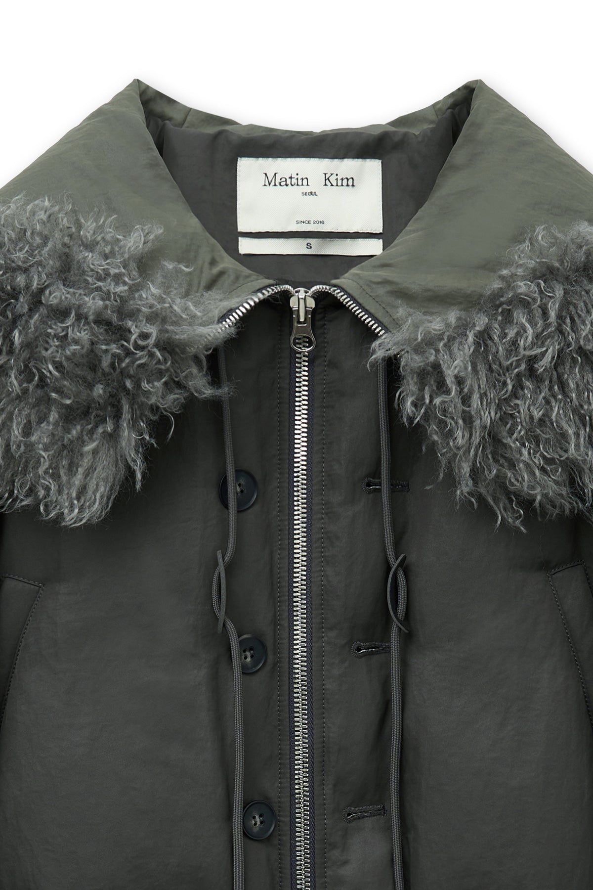 matinkim FUR HOODY BOMBER DOWN JUMPER IN DARK GREY