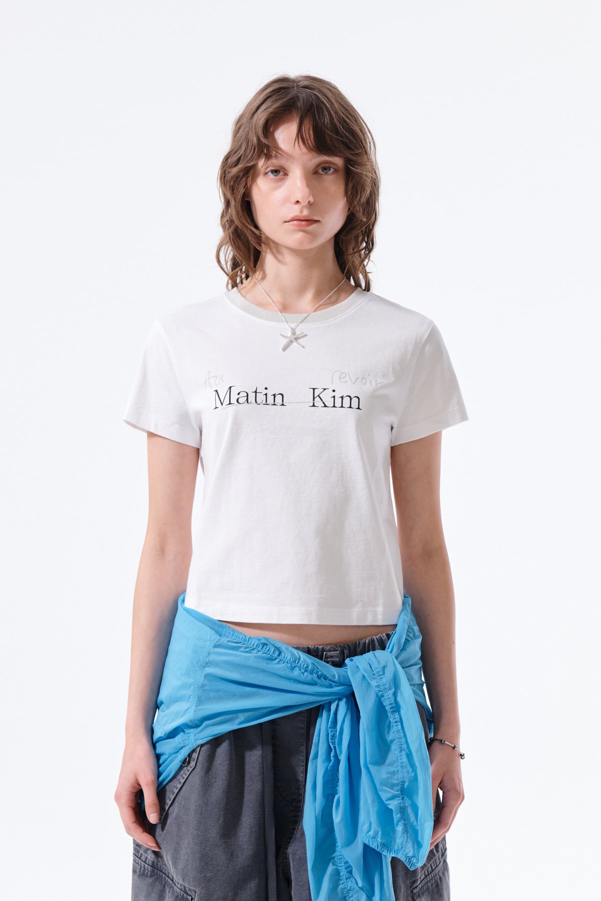 matinkim TONAL RIB LOGO CROP TOP IN WHITE