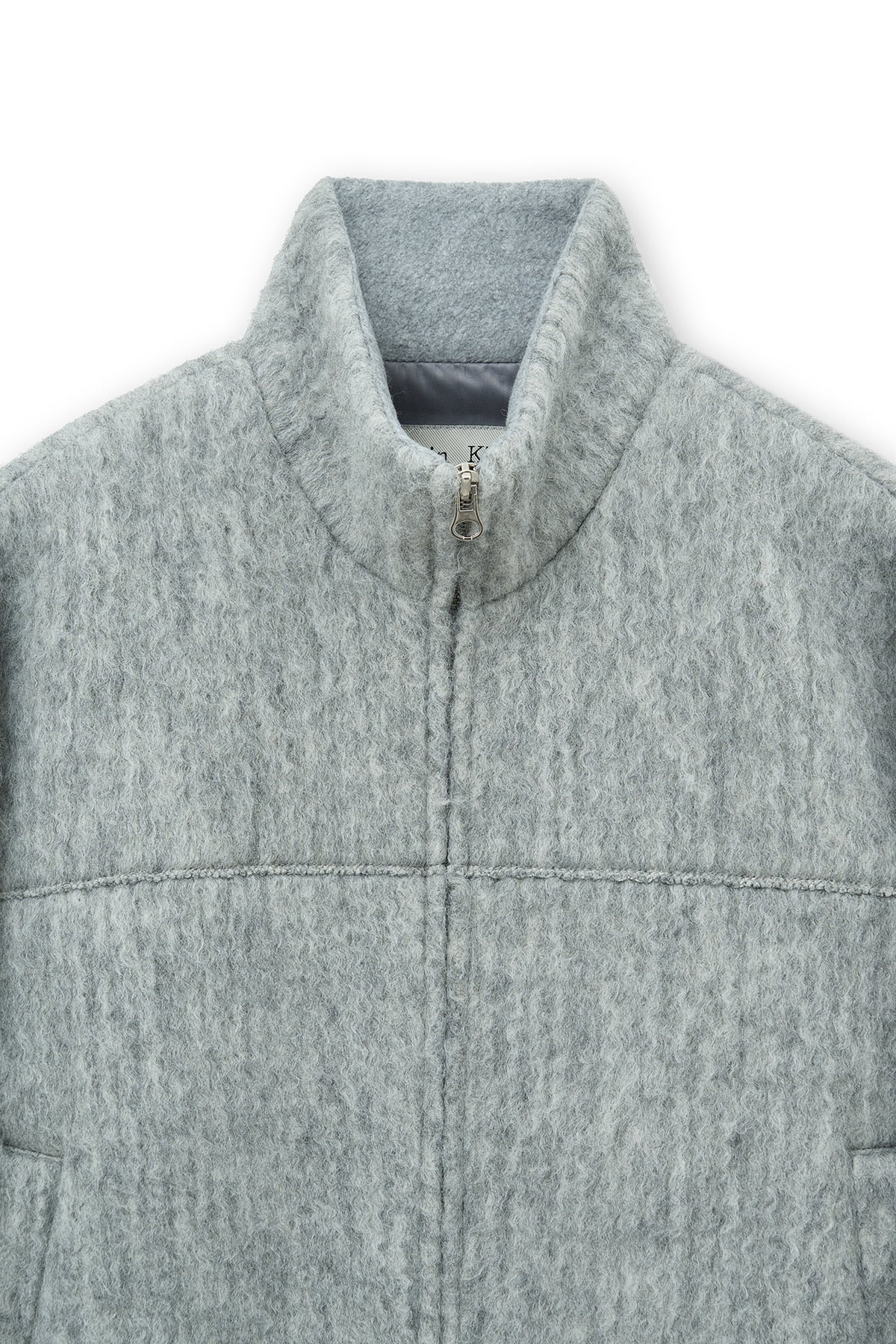 matinkim HAIRY HIGH NECK ZIP UP JUMPER IN LIGHT GREY