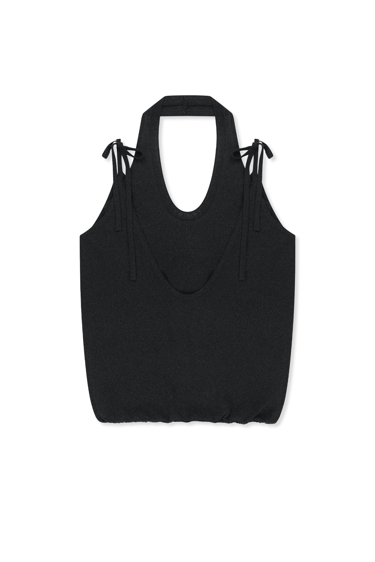 matinkim LAYERED TIE HALTER NECK KNIT TOP IN BLACK