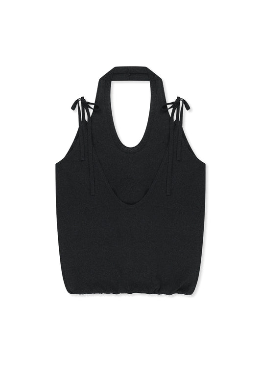 matinkim LAYERED TIE HALTER NECK KNIT TOP IN BLACK
