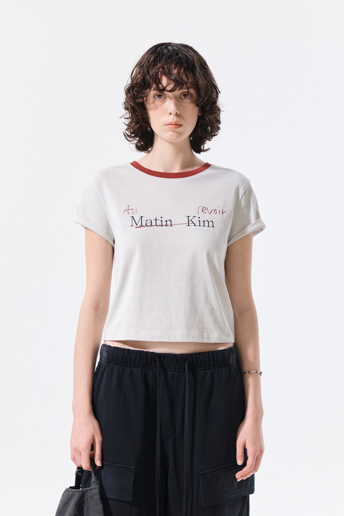 matinkim TONAL RIB LOGO CROP TOP IN GREY