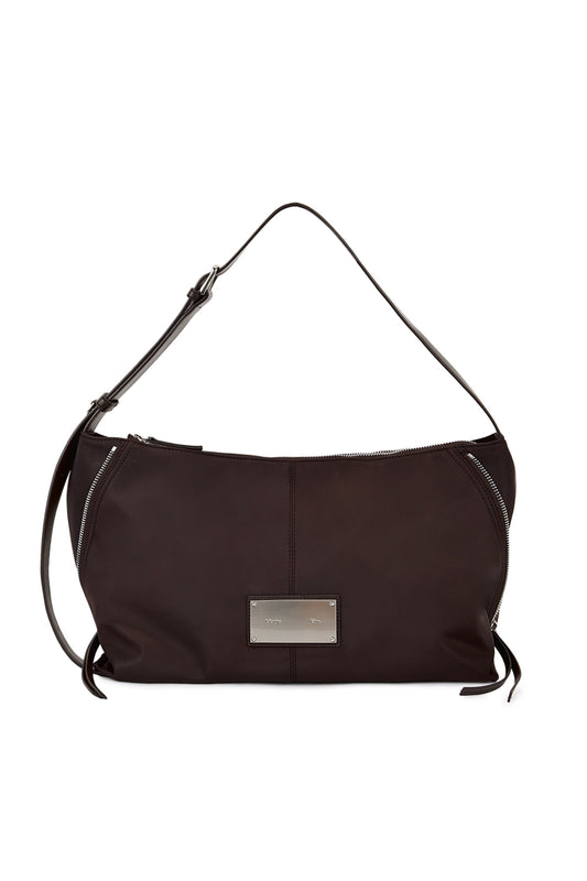 matinkim SIDE ZIPPER FABRIC SHOULDER BAG IN BROWN