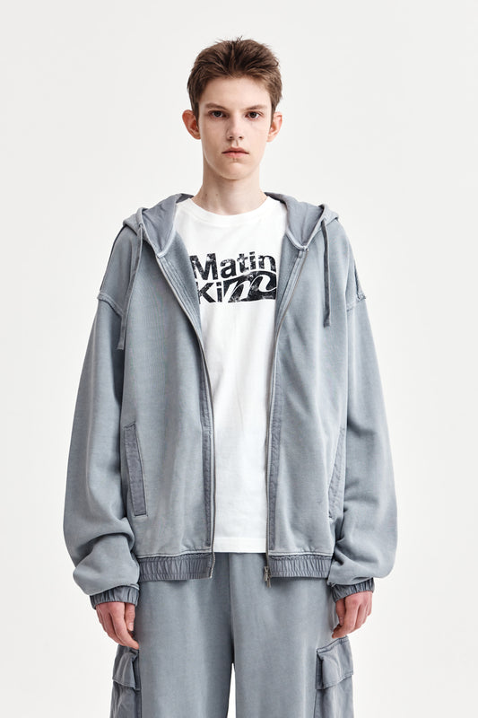 matinkim BACK LOGO PIGMENT DYED ZIP UP HOODY FOR MEN IN LIGHT GREY