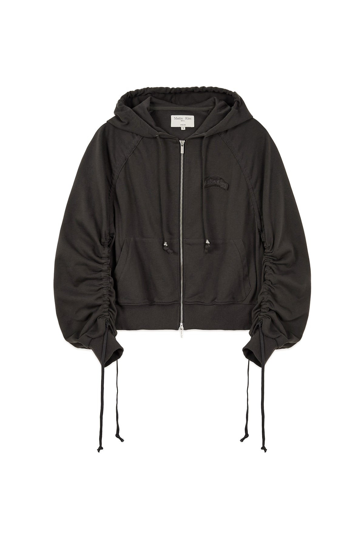 matinkim SLEEVE STRING DETAIL HOODY ZIP UP IN CHARCOAL