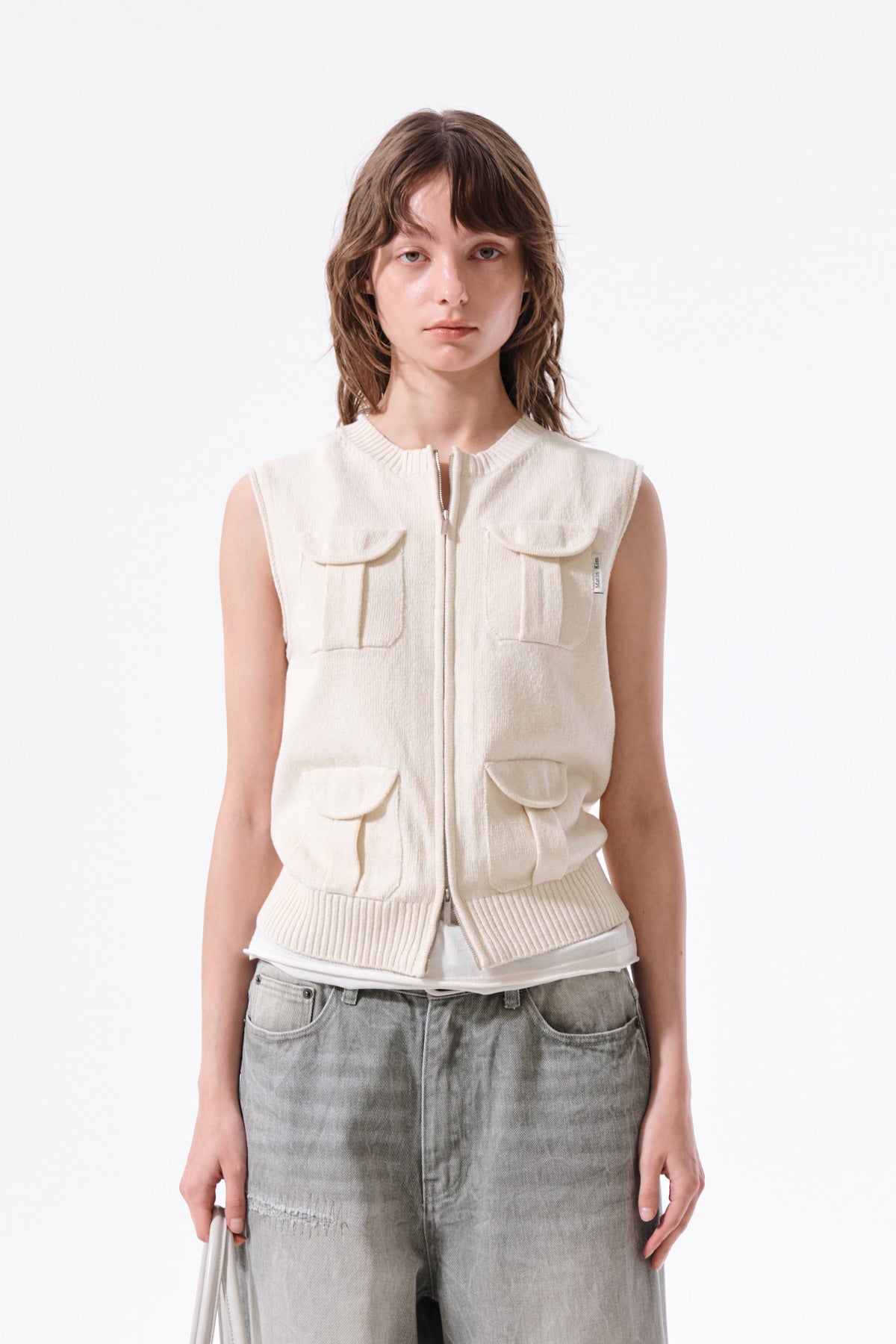 matinkim POCKET WASHED KNIT VEST IN LIGHT BEIGE