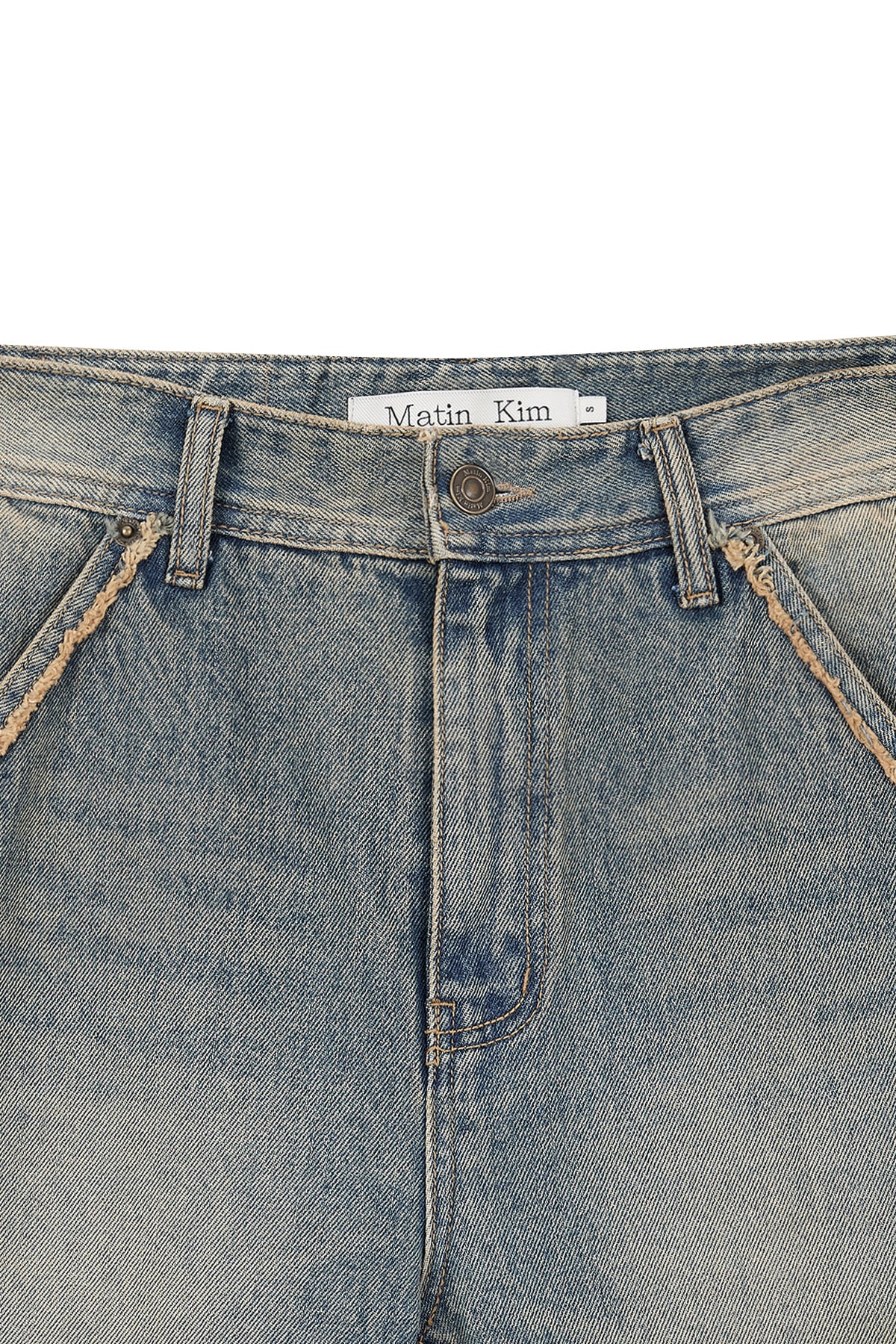 matinkim SEMI BOOTS CUT WASHED DENIM PANTS IN BLUE