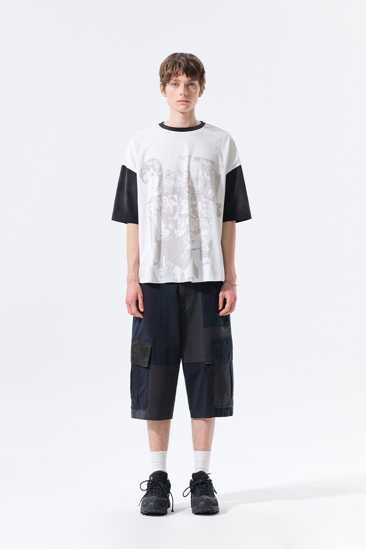 matinkim PATCHWORK CARGO BERMUDA PANTS FOR MEN IN CHARCOAL