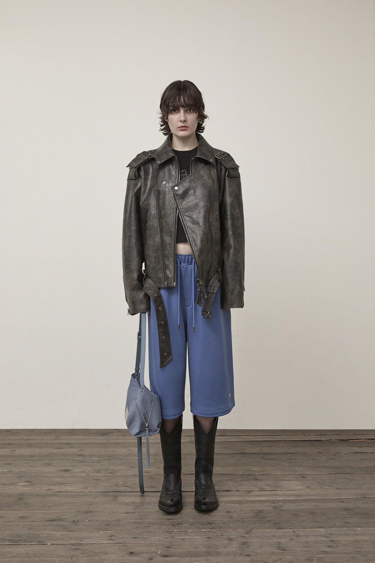 matinkim FAUX LEATHER BELTED RIDER JUMPER IN CHARCOAL