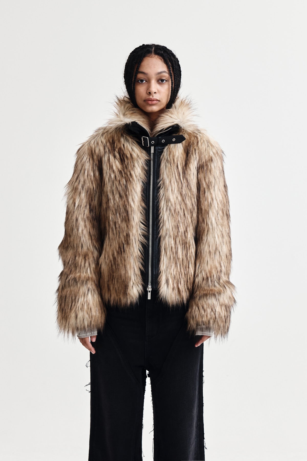 matinkim NECK BUCKLE CROP FUR JUMPER IN BEIGE