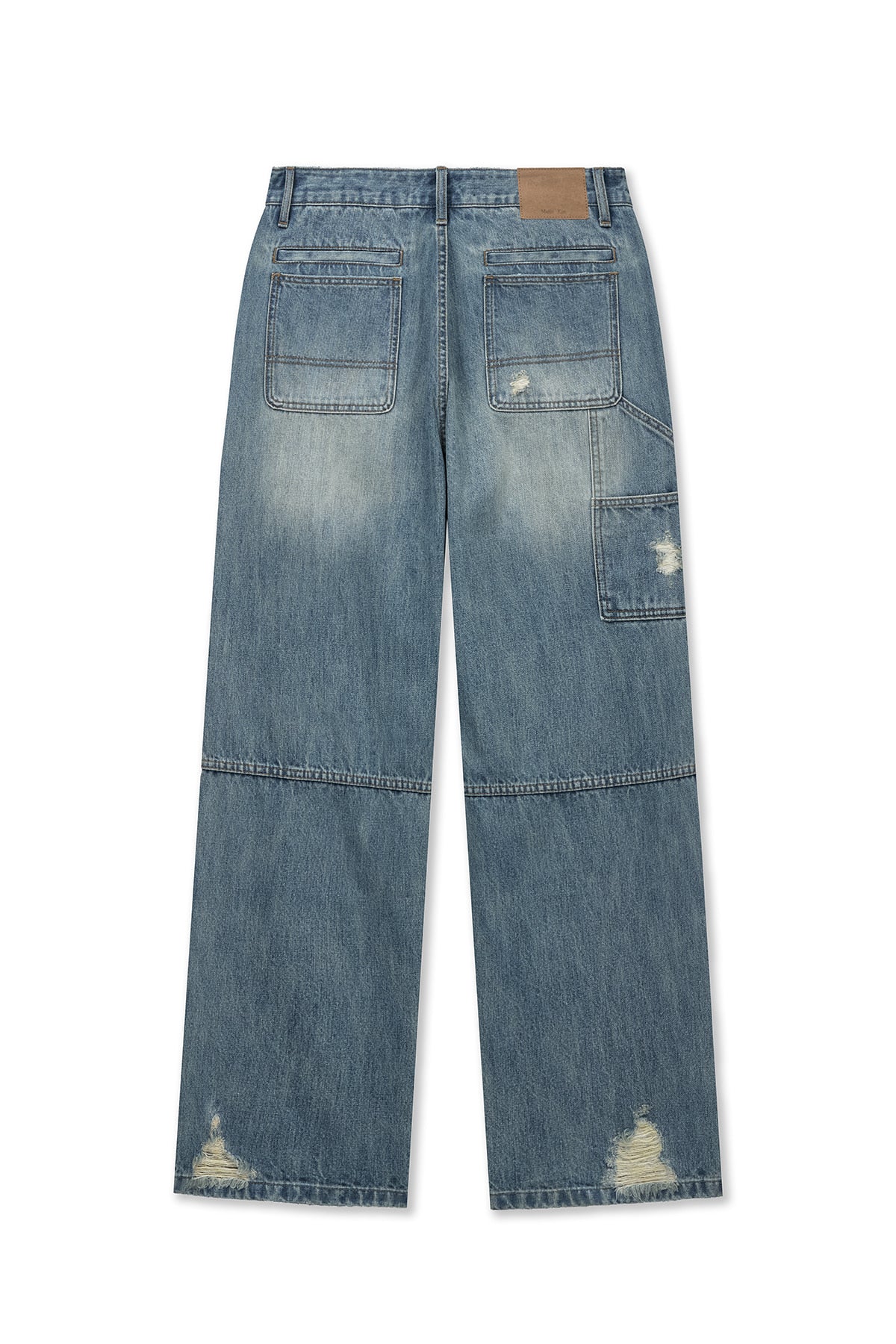 matinkim VINTAGE WASHED DOUBLE KNEE DENIM PANTS FOR MEN IN BLUE