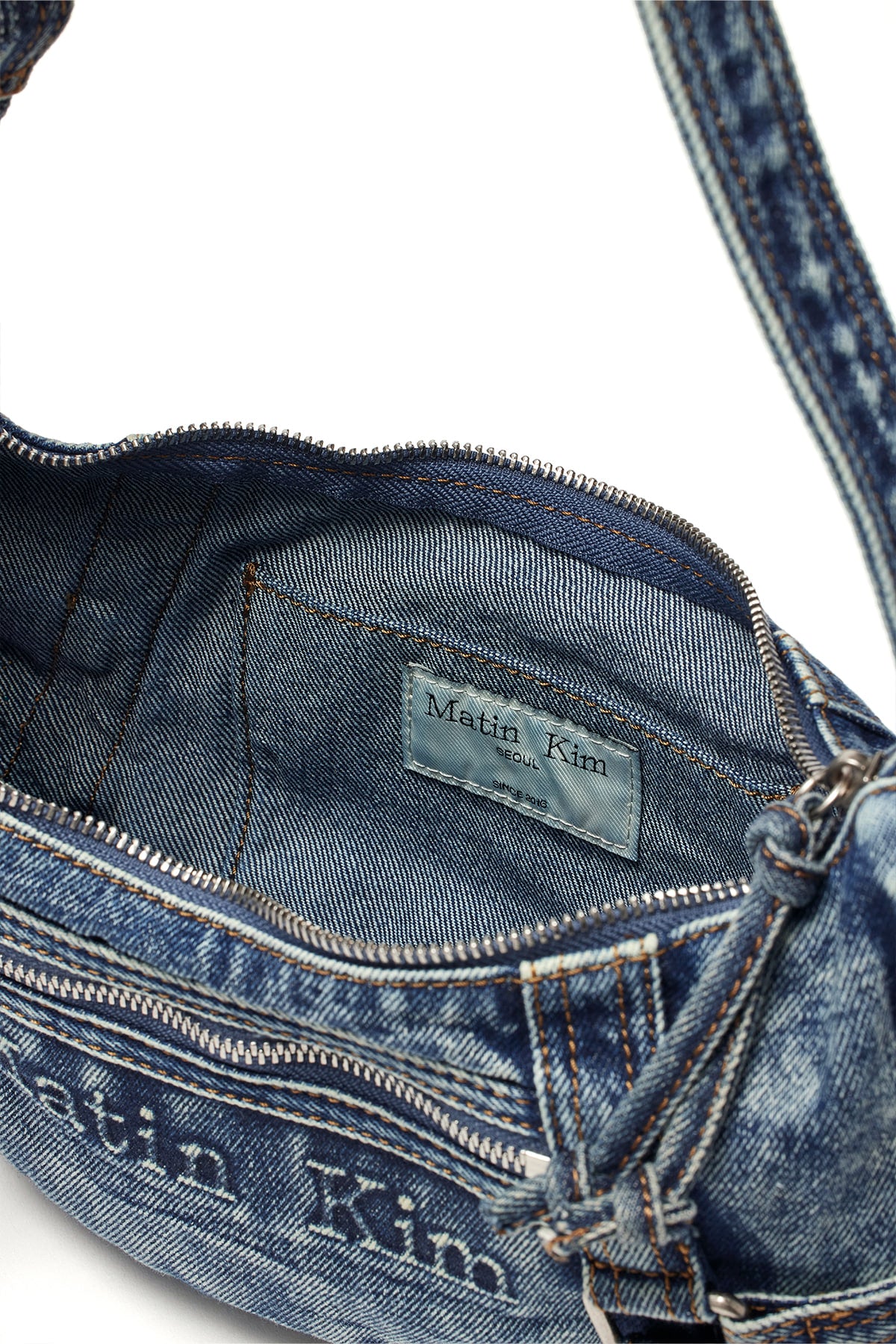 matinkim MATIN WASHED DENIM MINI HOBO BAG IN BLUE